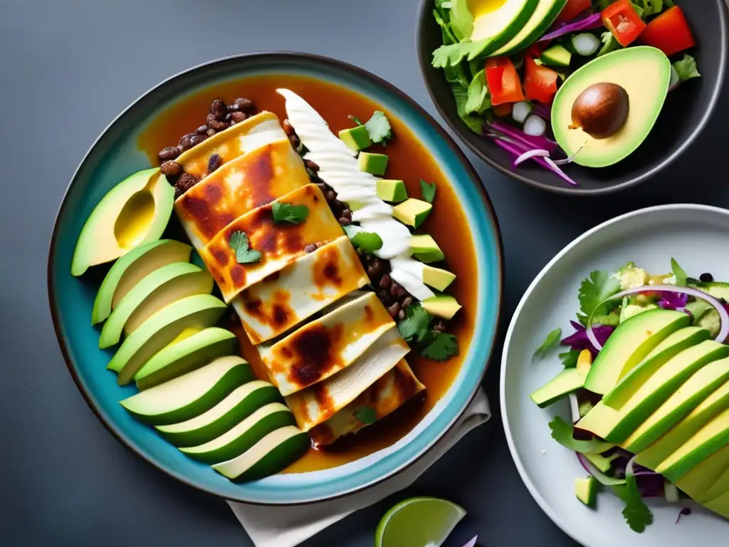 Una adaptación de recetas tradicionales para la dieta cetogénica: enchiladas de pollo bajo en carbohidratos con aguacate y ensalada colorida en un plato moderno y minimalista. Los colores vibrantes y la presentación artística reflejan la riqueza cultural y la moderna aliment