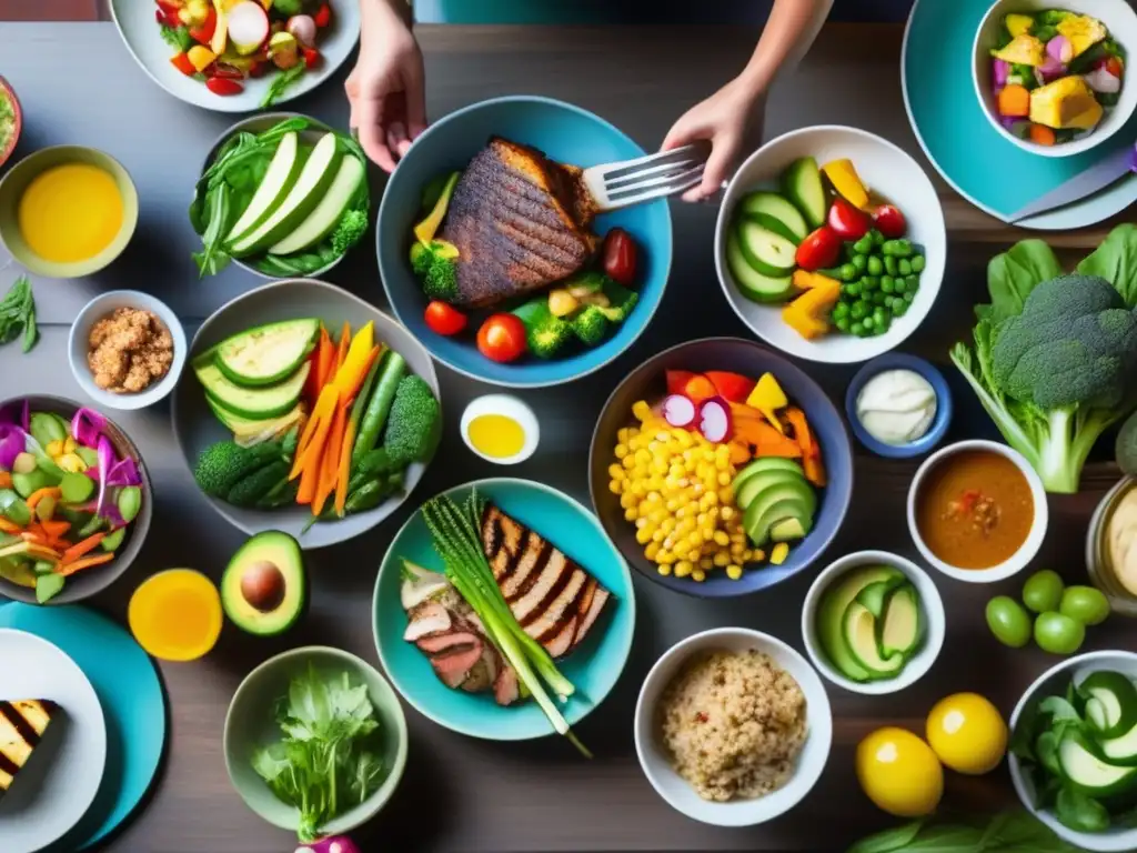 Una alegre comida familiar con menús familiares cetogénicos para niños, destacando los colores y variedad de platos saludables.