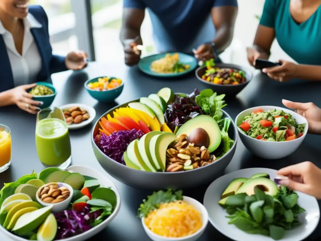 Un almuerzo cetogénico nutricionalmente equilibrado impulsa la productividad laboral en una oficina moderna y dinámica.