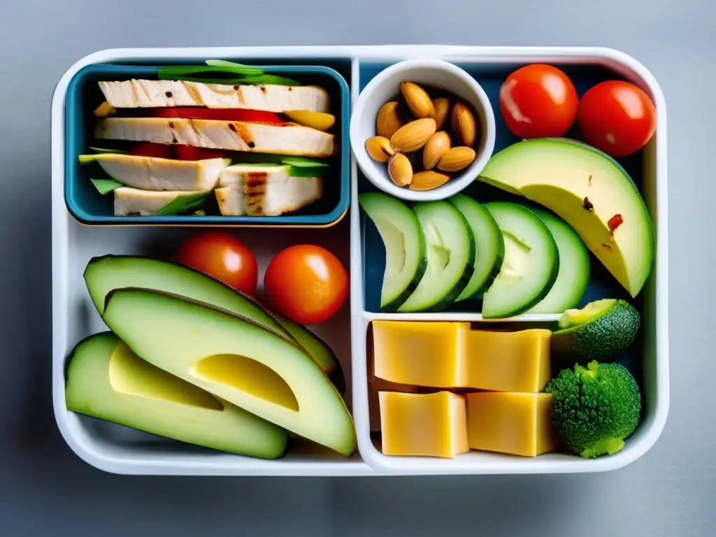 Un almuerzo cetogénico para trabajar, con opciones coloridas y ordenadas de aguacate, pollo a la parrilla, tomates cherry, pepino y frutos secos en una elegante caja bento.