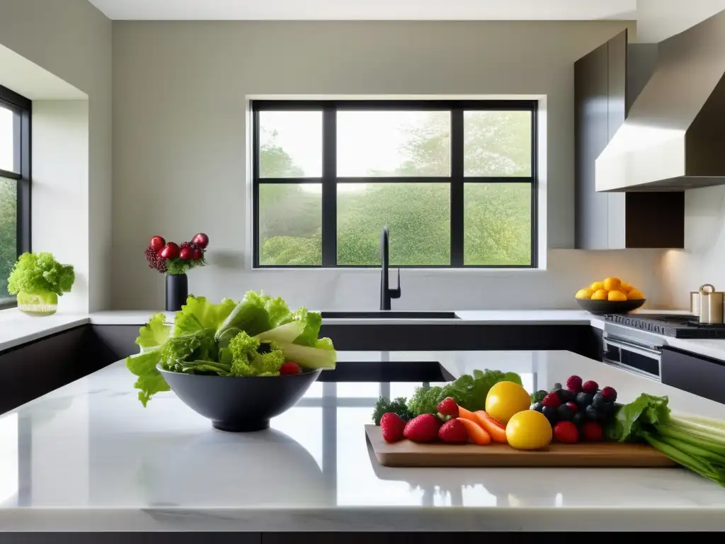 Un ambiente de cocina sereno y moderno con un diseño minimalista, resaltado por una encimera de mármol impecable adornada con una variedad de frutas y verduras frescas y vibrantes. La luz natural que entra por las grandes ventanas proyecta un brillo suave y acogedor sobre los productos, real