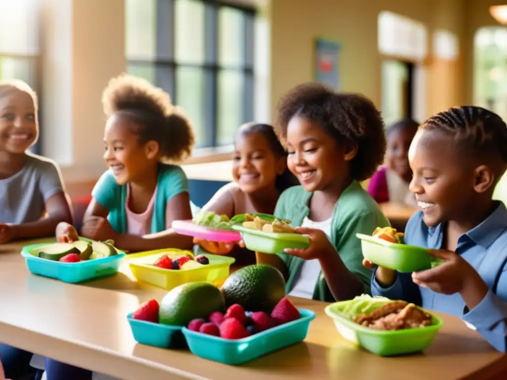 Un ambiente escolar cálido y educativo donde los niños disfrutan de comidas saludables con consejos dieta cetogénica entorno escolar.