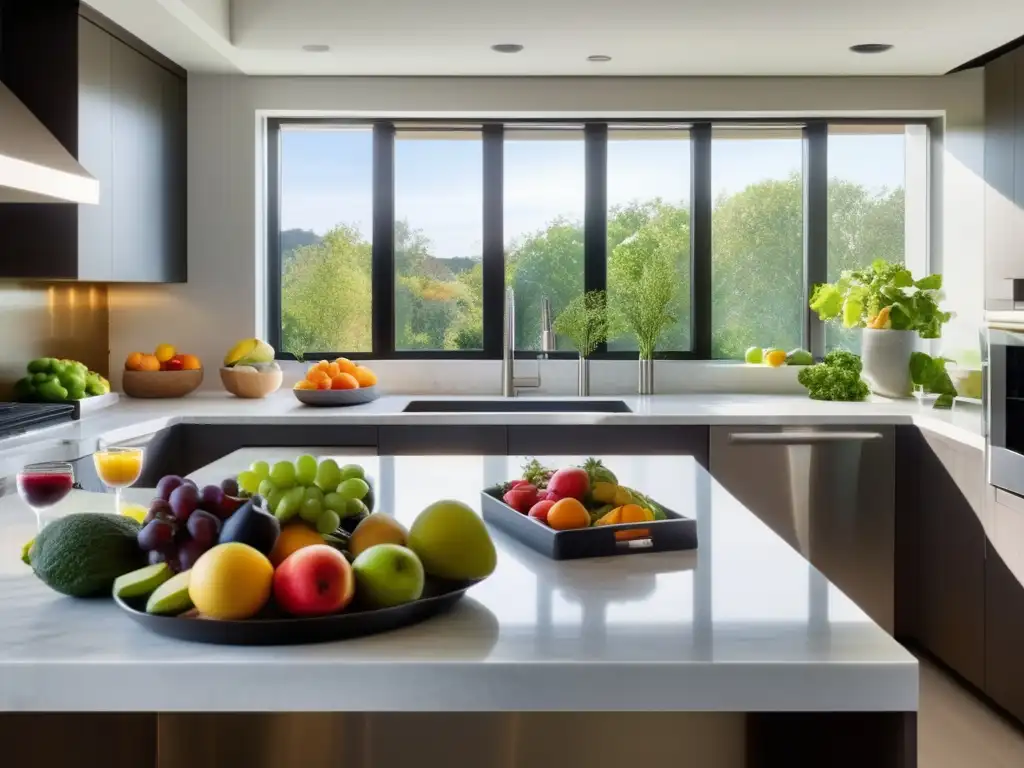 Un ambiente sereno y acogedor en una cocina moderna con una encimera de mármol y electrodomésticos de acero inoxidable.</b> Una variedad de frutas, verduras y proteínas magras están bellamente dispuestas sobre la encimera. <b>La luz natural crea un ambiente cálido y acogedor.</b> Los col