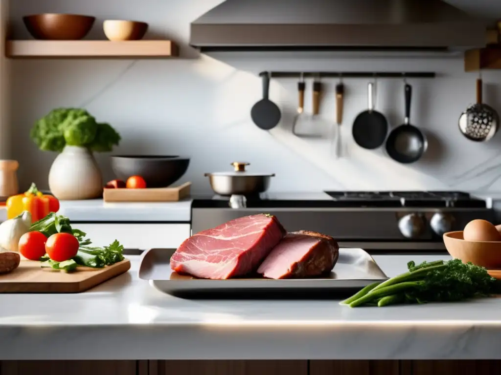 Un ambiente sereno en una cocina moderna con una encimera de mármol y electrodomésticos de acero inoxidable. <b>La luz del sol entra por la ventana, iluminando verduras frescas y cortes magros de carne.</b> Al fondo, un elegante libro de recetas cetogénicas muestra un plato vibrante,