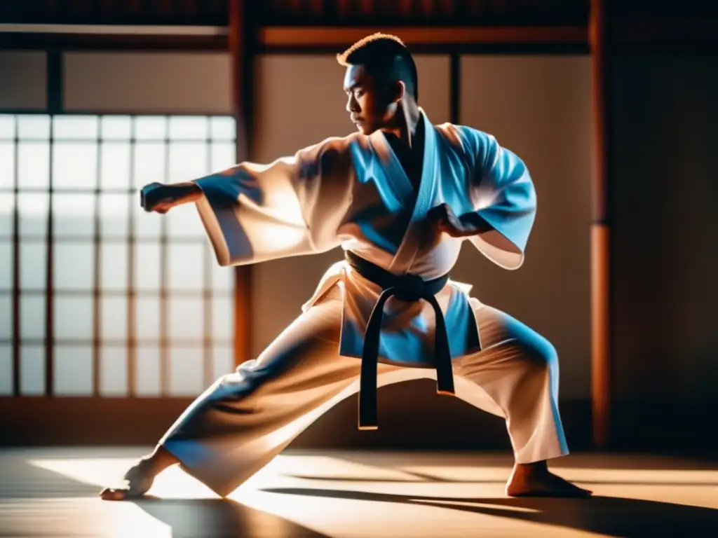 Un artista marcial en kimono blanco ejecuta una pose poderosa y dinámica en un dojo sereno y soleado. <b>Su expresión concentrada irradia determinación, en un entorno minimalista que crea una composición moderna.</b> La imagen captura la esencia de la disciplina, la energía y la atención plena, complement