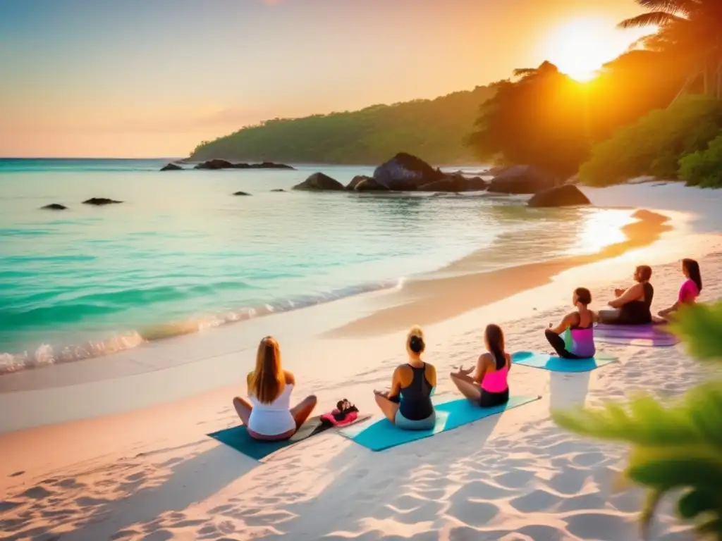 Un atardecer mágico en una playa paradisíaca, donde un grupo de personas disfruta de diferentes actividades al aire libre como senderismo, natación y yoga. La imagen transmite la sensación de aventura, relajación, bienestar y felicidad, perfecta para unas vacaciones All Inclusive y Cetosis.