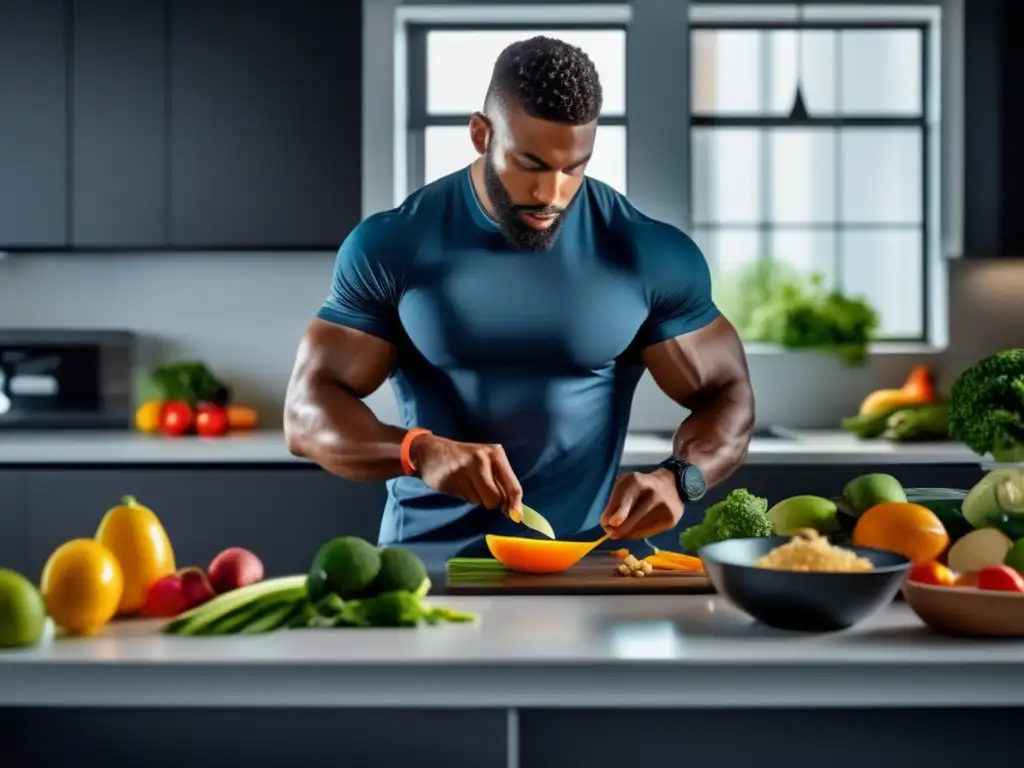 Un atleta de alto rendimiento prepara meticulosamente una comida balanceada en una cocina moderna, destacando la dieta cetogénica y el rendimiento deportivo.