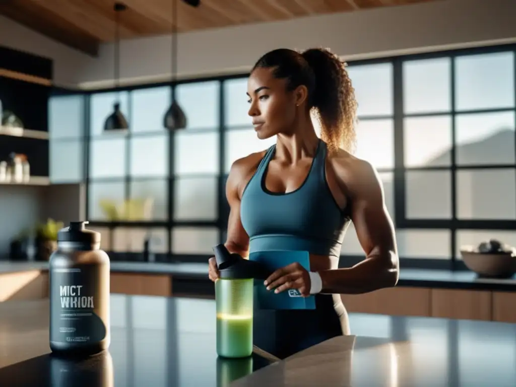 Un atleta prepara un batido cetogénico en una cocina moderna con suplementos para rendimiento en cetosis.