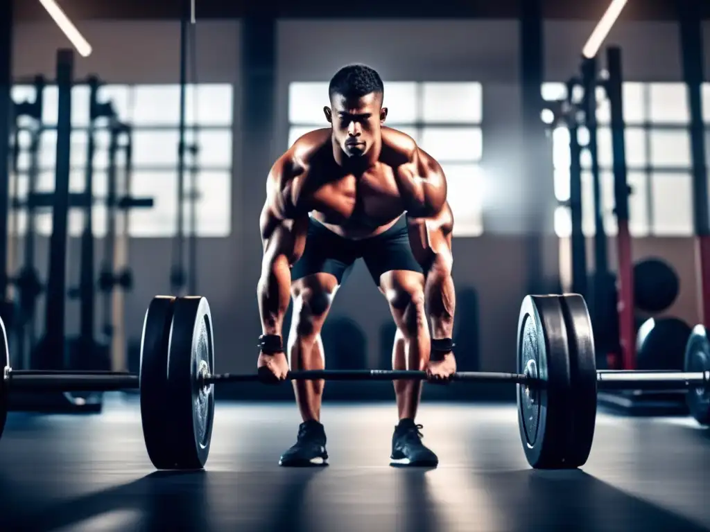 Un atleta determinado levanta pesas en un gimnasio moderno, rodeado de equipo de entrenamiento. <b>El sudor brilla en su piel, mostrando su esfuerzo.</b> La iluminación dramática resalta sus músculos mientras se esfuerza en el ejercicio, transmitiendo una sensación de dedicación y fuerza