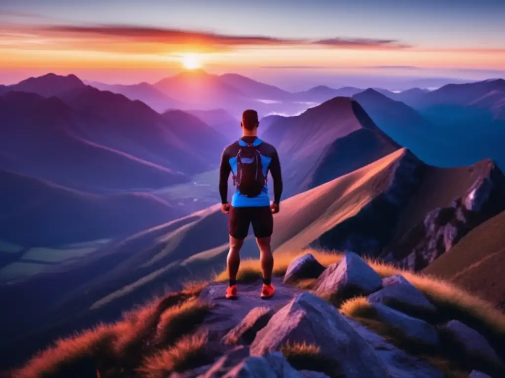 Un atleta de élite en la cima de una montaña al amanecer, proyectando fuerza y determinación, perfecto para la dieta cetogénica para atletas de élite.