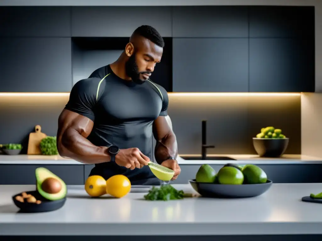 Un atleta de élite en una cocina moderna y elegante, preparando cuidadosamente su dieta cetogénica para rendimiento atlético.