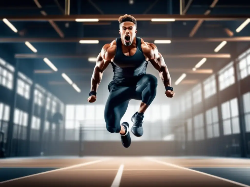 Un atleta de élite sigue una dieta cetogénica, saltando con determinación en un gimnasio moderno, mostrando fuerza y disciplina.