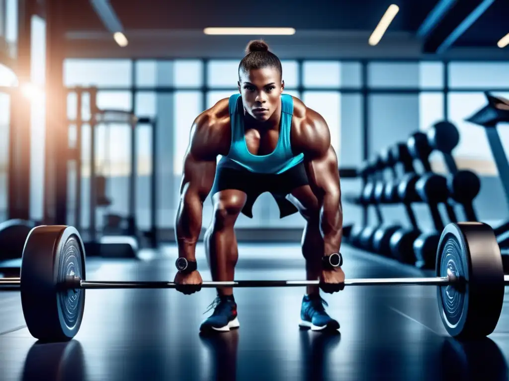 Un atleta de élite en un gimnasio moderno y elegante, rodeado de equipo de entrenamiento de alta tecnología, vistiendo ropa deportiva que mejora el rendimiento y mostrando una expresión enfocada y determinada durante una intensa sesión de entrenamiento. La iluminación es dinámica, proyectando