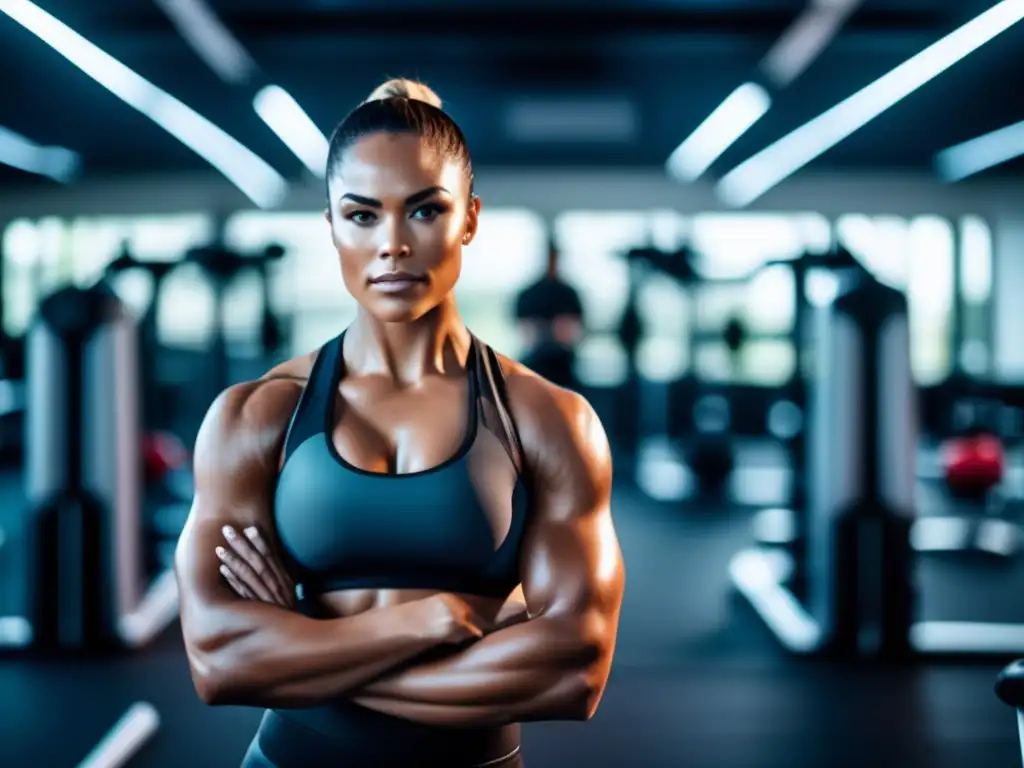 Un atleta de élite en pleno entrenamiento intenso en un gimnasio moderno, con músculos definidos y enfoque total. La imagen transmite la esencia de la búsqueda incansable de un rendimiento físico óptimo, ideal para la dieta cetogénica para atletas de élite.