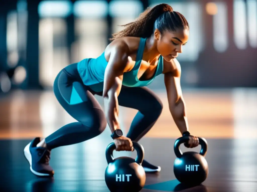 Un atleta realiza un intenso entrenamiento de alta intensidad en un gimnasio moderno. <b>Musculatura tensa, sudor brillante.</b> Entrenamiento de Alta Intensidad Dieta Cetogénica.