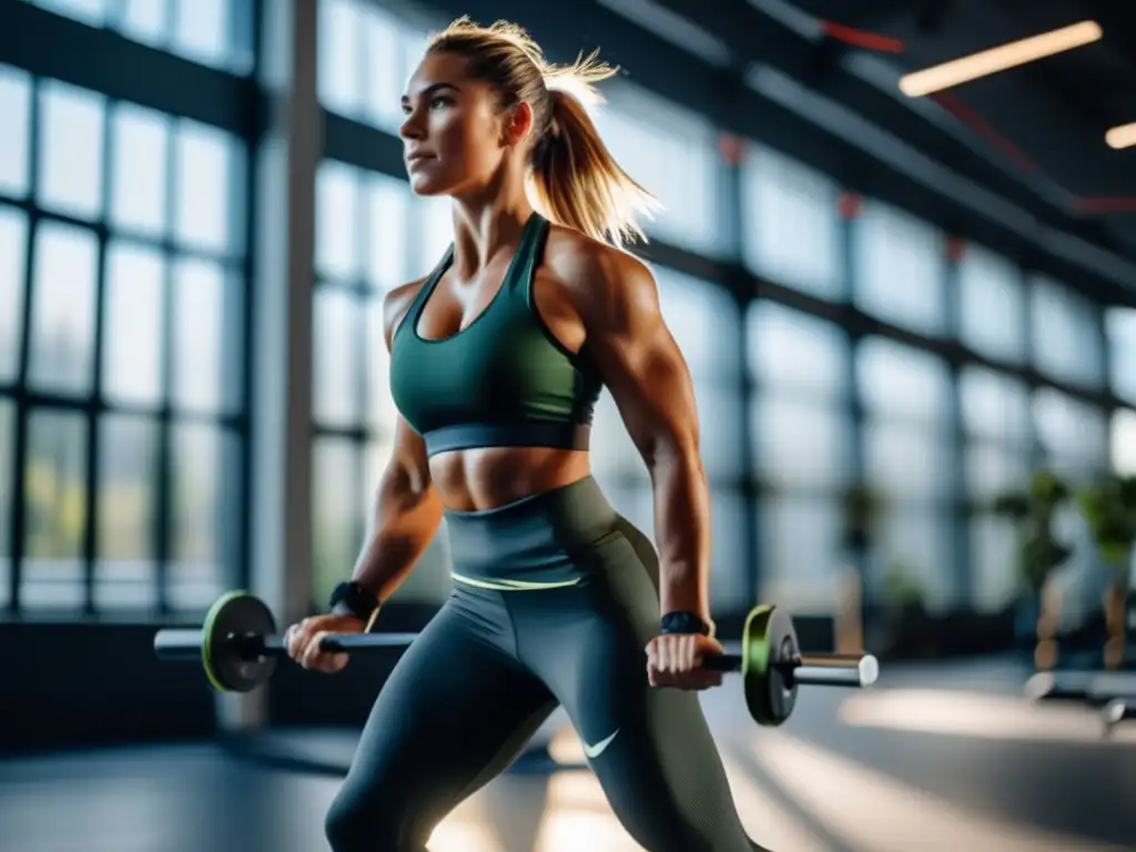 Una atleta mujer se ejercita en un gimnasio moderno, siguiendo una dieta cetogénica. La imagen irradia determinación y energía, reflejando el empoderamiento femenino y la dedicación a la salud. Consejos dieta cetogénica mujeres atletas