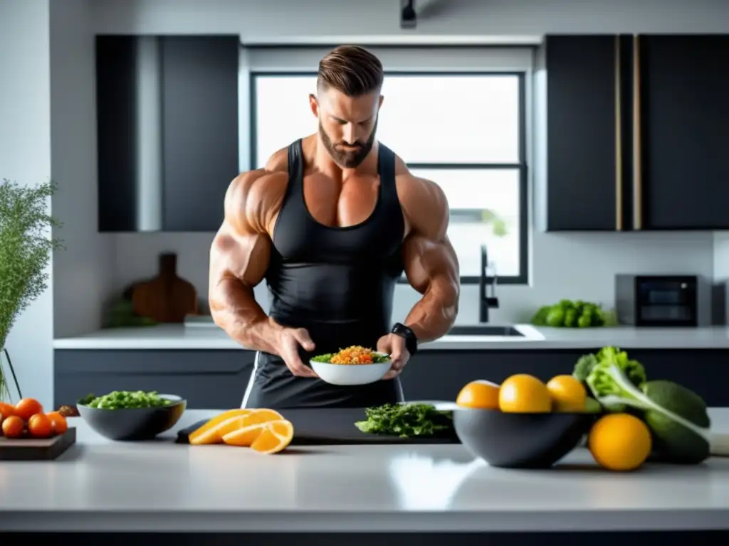 Un atleta musculoso sigue su estricta dieta cetogénica mientras prepara una comida alta en proteínas y baja en carbohidratos en una cocina moderna. La imagen irradia determinación, disciplina y la fusión de fitness y nutrición en el contexto de la construcción de músculo en dieta cetog