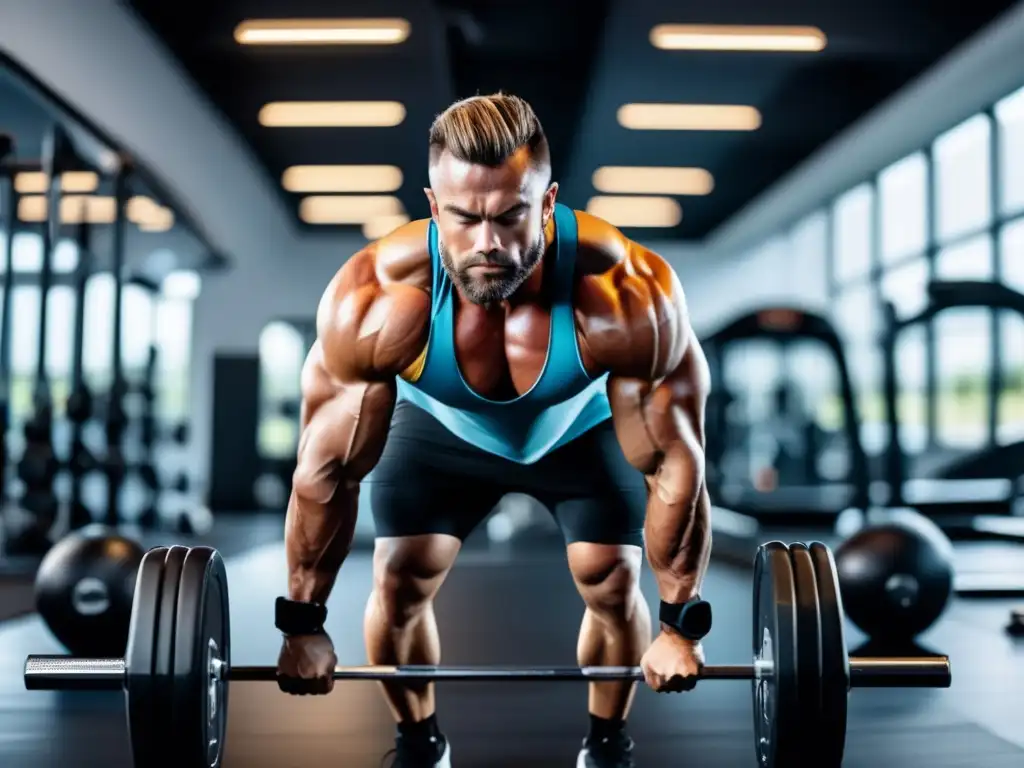 Un atleta musculoso desafía la fatiga inicial del entrenamiento en cetosis, con determinación y concentración en un gimnasio moderno y dinámico.