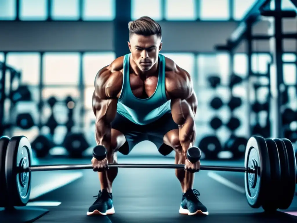 Un atleta musculoso se esfuerza en un gimnasio moderno, mostrando los efectos de la dieta cetogénica en músculos.