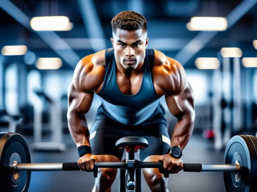 Un atleta musculoso muestra signos de adaptación a la cetosis durante un intenso ejercicio en un laboratorio científico.