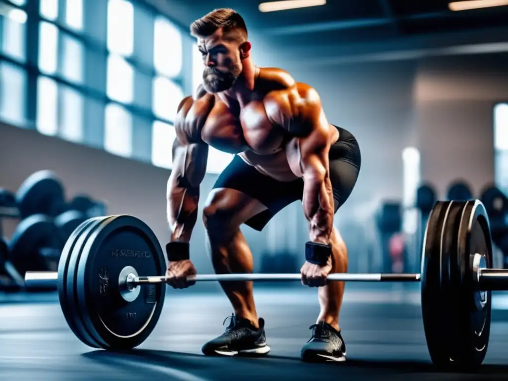 Un atleta levanta pesas en un moderno gimnasio, demostrando determinación y fuerza en su búsqueda de estrategias para ganar masa magra en cetosis.