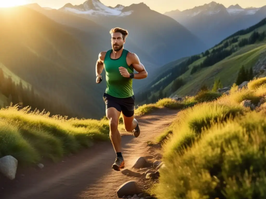 Un atleta en plena forma física corre con determinación por un sendero montañoso al atardecer, transformando el paisaje con su energía.