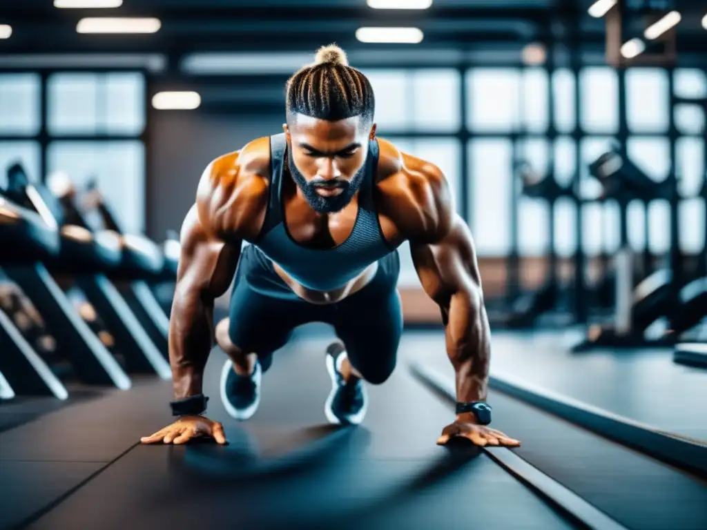 Un atleta en pleno entrenamiento deportivo de alta intensidad en un gimnasio, destacando su determinación y fuerza con dieta cetogénica.