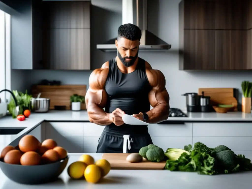 Un atleta profesional prepara con precisión alimentos bajos en carbohidratos en una cocina moderna y luminosa.