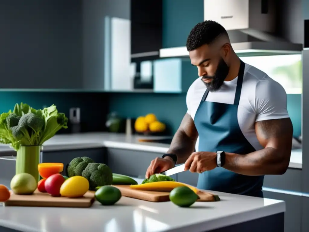 Un atleta profesional prepara alimentos clave para rendimiento en una cocina moderna, siguiendo una dieta cetogénica.