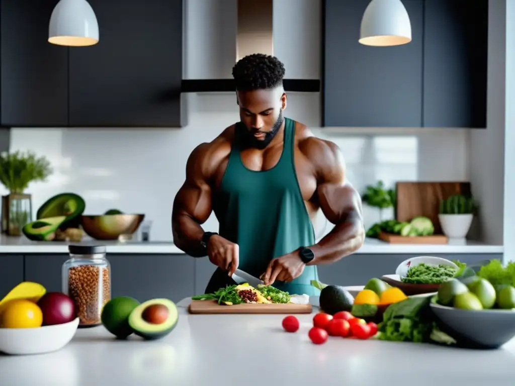 Un atleta profesional preparando alimentos clave rendimiento dieta cetogénica en una cocina moderna y elegante, con ingredientes frescos y vibrantes.