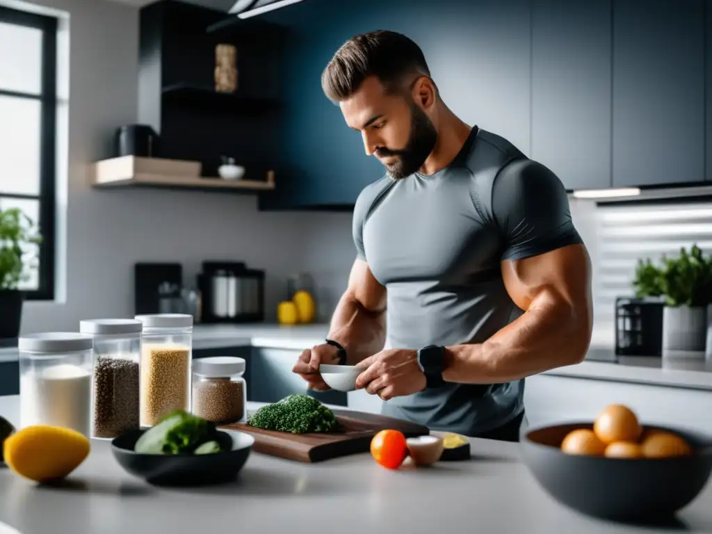 Un atleta profesional en cetosis preparando una comida alta en proteínas y baja en carbohidratos en una cocina moderna, rodeado de suplementos y un plan de comidas personalizado. Muestra enfoque y determinación al medir con precisión los ingredientes, destacando la dedicación y precisión necesarias para un