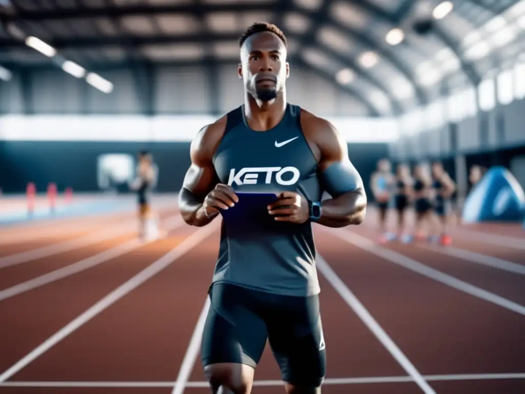 Un atleta profesional en cetosis, en un entorno deportivo futurista, sosteniendo una comida cetogénica y una botella de agua.</b> La imagen transmite dedicación, innovación y precisión científica en la intersección entre el rendimiento atlético y la dieta cetogénica.