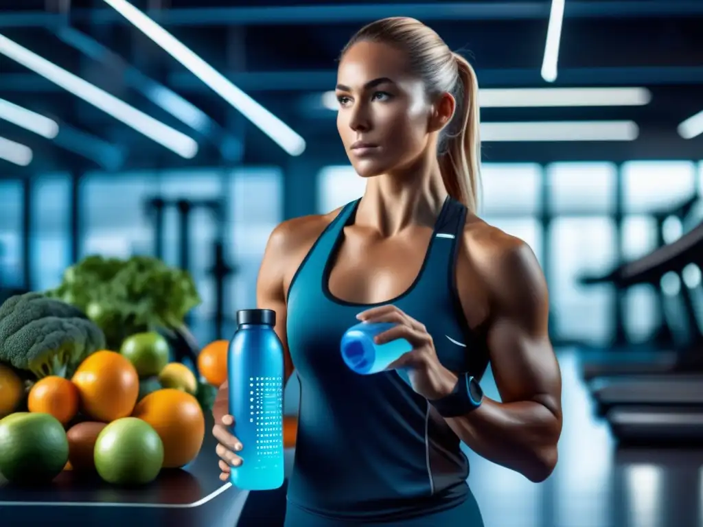 Un atleta profesional en cetosis se hidrata rodeado de frutas y verduras, en un gimnasio moderno y futurista.