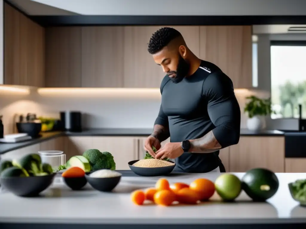 Un atleta profesional en la cocina, midiendo cuidadosamente ingredientes para su dieta cetogénica deportista, enfocado y determinado. La cocina es moderna y luminosa, con un diseño minimalista, mostrando una disciplina en la preparación de alimentos para el rendimiento.