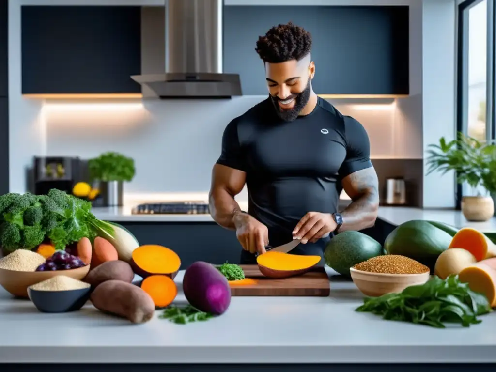 Un atleta profesional en una cocina moderna, midiendo cuidadosamente porciones de carbohidratos complejos como batatas y quinua, junto a grasas saludables y proteínas magras. El diseño minimalista de la cocina contrasta con la vibrante y colorida variedad de alimentos frescos y enteros, creando