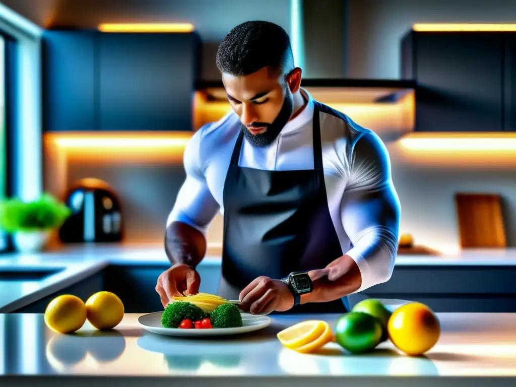 Un atleta profesional en una cocina moderna, midiendo cuidadosamente alimentos cetogénicos en un plato minimalista. Refleja la dedicación y disciplina de la dieta cetogénica para deportistas de peso.