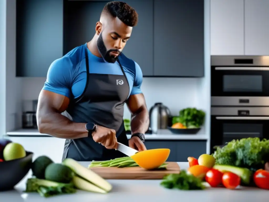 Un atleta profesional se enfoca en preparar una comida cetogénica en una cocina moderna y elegante, rodeado de ingredientes frescos y coloridos. Transmite precisión y dedicación en la implementación exitosa de la dieta cetogénica en el ámbito deportivo, así como modernidad y conciencia de la salud