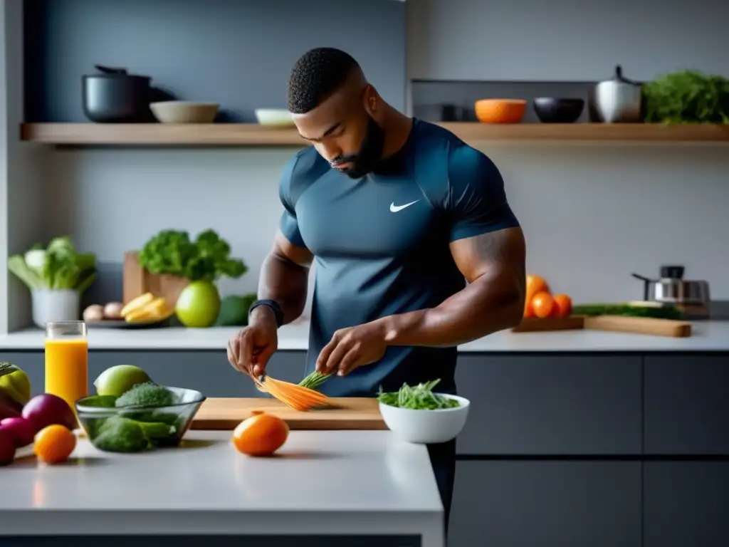 Un atleta profesional prepara una comida cetogénica en una cocina moderna y bien iluminada, mostrando enfoque y precisión para la cetoadaptación para rendimiento deportivo.