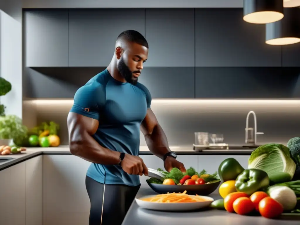 Un atleta profesional preparando una comida cetogénica en una cocina moderna, enfocado en beneficios cetosis recuperación muscular.