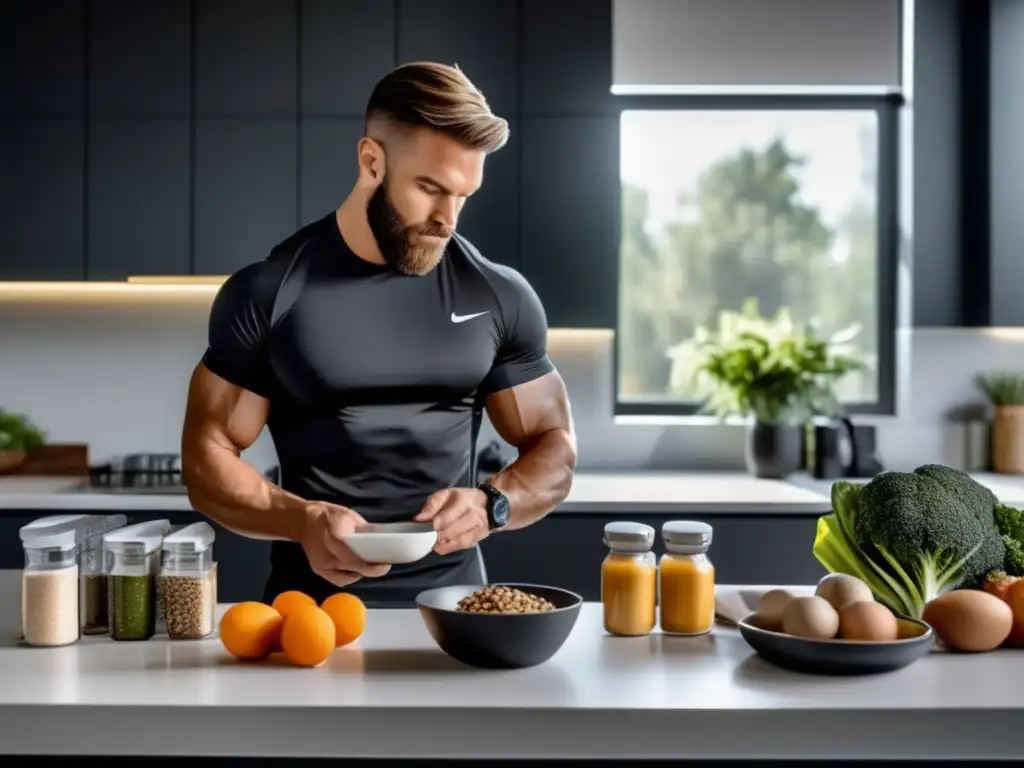 Un atleta profesional preparando una comida cetogénica en una cocina moderna y ordenada, con suplementos para rendimiento en cetosis.