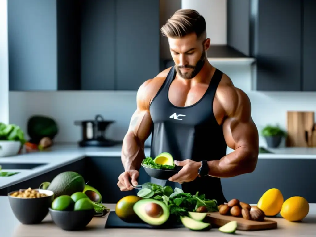 Un atleta profesional se enfoca en preparar una comida cetogénica en una cocina moderna y elegante, rodeado de ingredientes frescos y de alta calidad. <b>Su físico irradia fuerza y vitalidad, mientras que la cocina emana una estética minimalista y limpia, realzando su atractivo moderno.</b> La