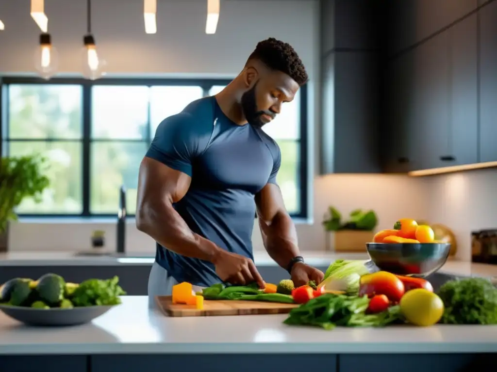 Un atleta profesional concentrado preparando una comida saludable en una cocina moderna para la dieta cetogénica. Consejos dieta cetogénica deportistas