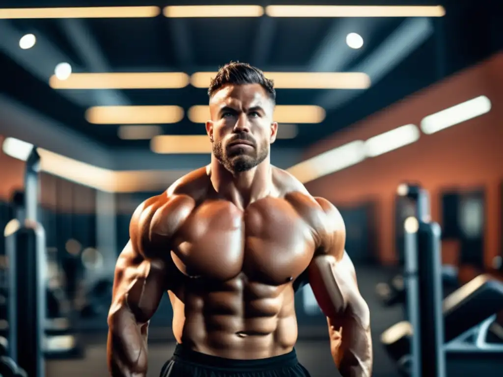 Un atleta profesional en dieta cetogénica realiza un intenso entrenamiento en un gimnasio moderno. Su expresión determinada y músculos tonificados brillan con el sudor, evocando dedicación y condición física óptima, en una imagen que simboliza la intersección de la cetosis nutricional y