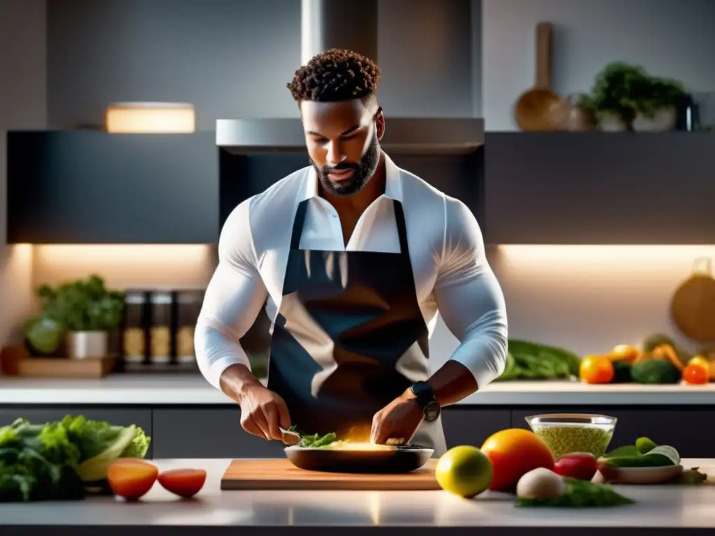 Un atleta profesional adaptando dieta cetogénica competición deportiva en una cocina moderna y vibrante, rodeado de ingredientes frescos.