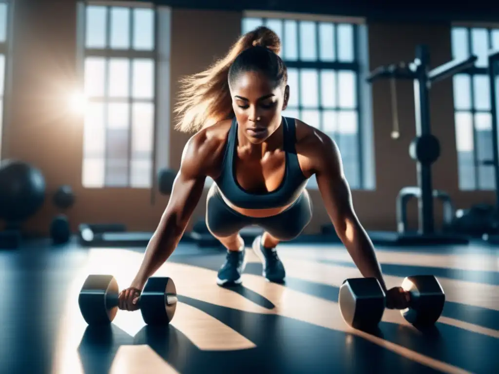 Un atleta profesional se concentra en ejercicios de rehabilitación en un gimnasio de vanguardia, con la luz del sol creando sombras dramáticas en el equipo.</b> El atleta lleva ropa deportiva moderna y está rodeado de herramientas de rehabilitación de última generación, mostrando la integración de la dieta cetog