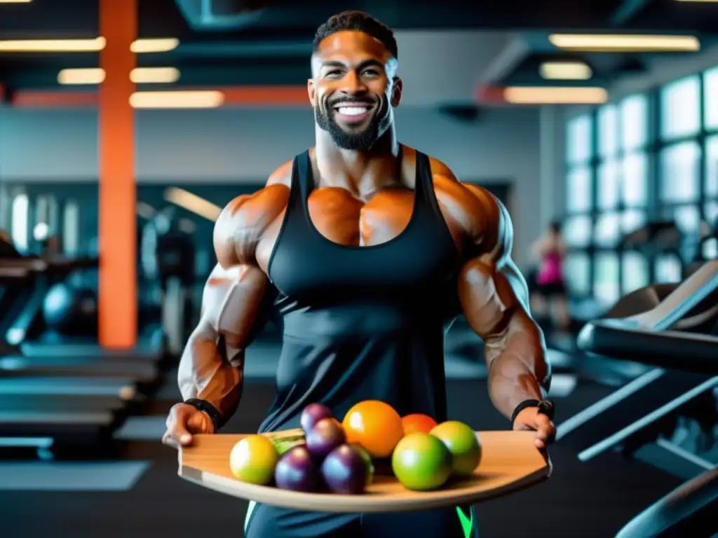 Un atleta profesional con una figura esculpida en un gimnasio, rodeado de equipo de entrenamiento moderno y sosteniendo un plato de alimentos cetogénicos coloridos y ricos en nutrientes. El atleta irradia determinación y enfoque, encarnando la poderosa combinación de una dieta cetogén