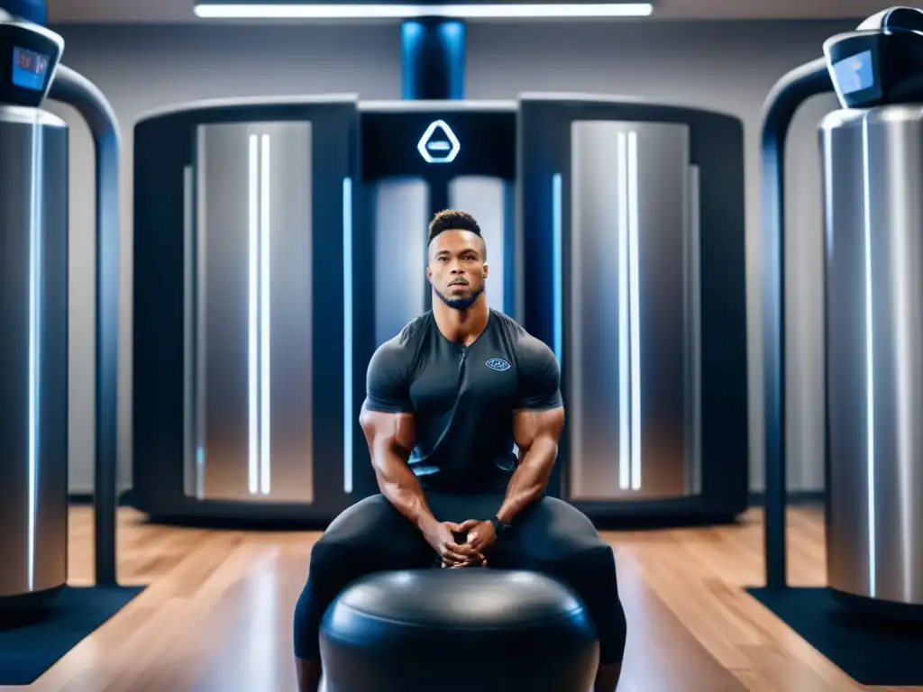 Un atleta profesional se recupera en un gimnasio de alta tecnología, resaltando los beneficios de la cetosis en la recuperación muscular.