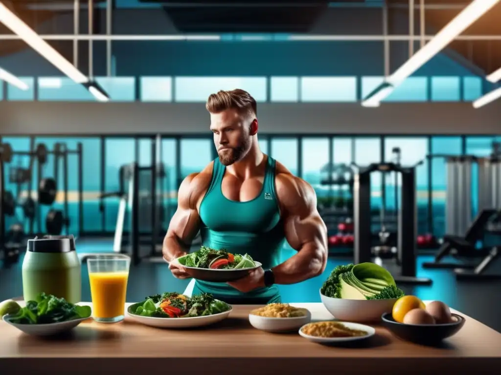 Un atleta profesional se concentra en el gimnasio mientras disfruta de una comida cetogénica para mejorar su rendimiento deportivo.