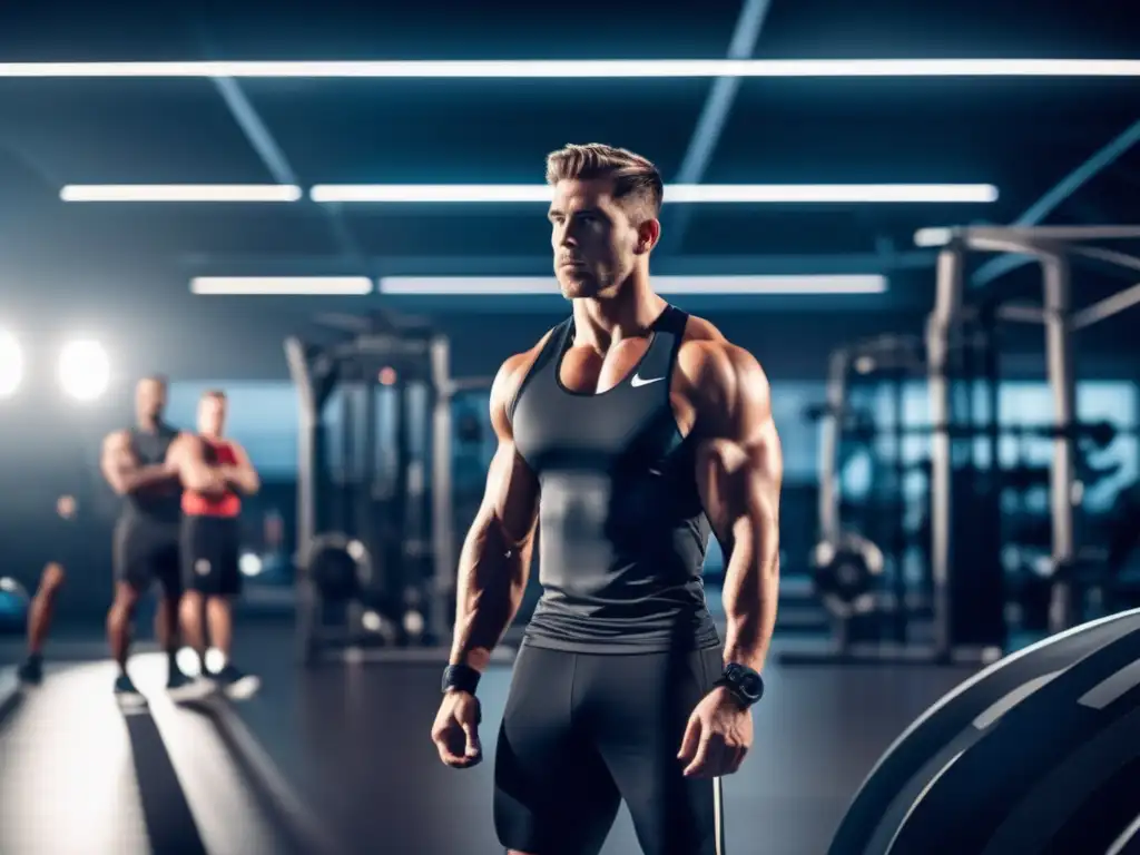 Un atleta profesional se enfoca en un gimnasio futurista lleno de equipo avanzado de entrenamiento. Destacando la integración de la dieta cetogénica en deporte élite.