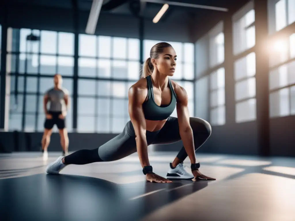 Un atleta profesional se estira en un gimnasio moderno, con luz natural resaltando sus músculos. Al fondo, un nutricionista y un fisioterapeuta discuten, destacando el enfoque multidisciplinario en la recuperación de lesiones deportivas y la importancia de la dieta cetogénica